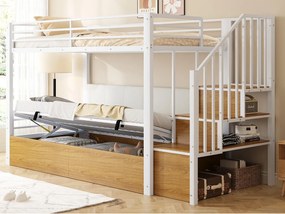 Łóżko piętrowe z kutego żelaza 90x200 cm - pikowane oparcie - z miejscem do przechowywania - z drabiną bezpieczeństwa - biały (materac nie jest wliczony w cenę)