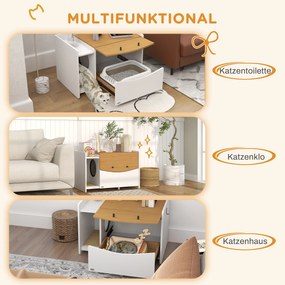 PawHut Kuweta w szafce, z wyjmowanym pojemnikiem na żwirek, 78x50x51cm, Dąb/Biały