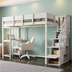 Łóżko antresola z półką - 90 x 200 cm - z biurkiem + schowkiem w schodach - drewno + płyta MDF - białe