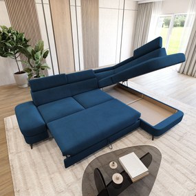 Masseno Narożnik AVISE z funkcją spania i pojemnikiem na pościel Narozniki L, Rozkładana sofa - Niebieski, MATT VELVET 79