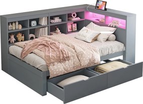 Sofa tapicerowana z funkcją spania - 90 x 200 cm - 2 szuflady - diody LED i gniazdka - ze schowkiem - tkanina flanelowa - szara