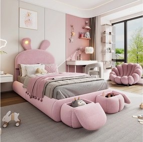 Łóżko jednoosobowe 90x200 cm - Łóżko dziecięce z dwiema ławkami ze schowkiem i ciepłą taśmą świetlną - różowy aksamit - bez materaca