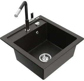 Mexen Vito zlewozmywak granitowy 1-komorowy z baterią kuchenną Flora, czarny/złoty metalik - 6503-75-670401-07