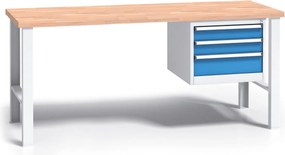 Profesjonalny stół warsztatowy G3 z drewnianym blatem roboczym, 1700 mm, 1x 3 szufladowy kontener, niebieski