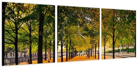 Obraz alei jesiennych drzew (z zegarem) (90x30 cm)