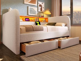 Łóżko z kanapą z 2 szufladami - tkanina lniana - 140x190 cm - z LED i funkcją ładowania - Beżowy
