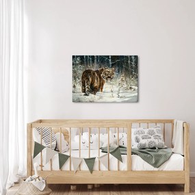 Obraz - Tygrys w zaśnieżonym lesie, obraz olejny (70x50 cm)