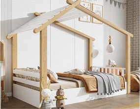 Łóżko domek dla dzieci 90x190cm - z stelażem listwowym - design domku z bali - Drewno lite + MDF - Naturalny