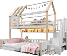 Łóżko piętrowe 90x200cm + 140x200cm - z oświetleniem LED - drabina z pojemnikami - biały + naturalny​ (materac nie jest wliczony w cenę)