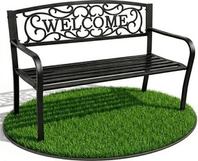 Czarna ławka ogrodowa IRYS ze stalowymi nogami i żeliwnym oparciem szerokość 127 cm