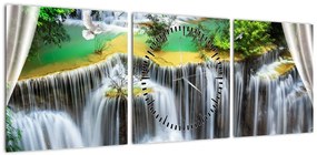 Obraz - Widok magicznych wodospadów (z zegarem) (90x30 cm)