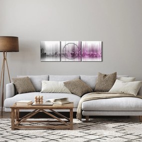Obraz - Panorama miasta, różowo-  szara (z zegarem) (90x30 cm)