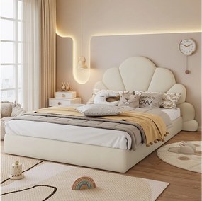 Łóżko dziecięce 140x200 cm z beżowego aksamitu, z zaokrąglonym, kwiatowym zagłówkiem – bez materaca