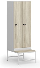 Szafka ubraniowa z ławką, 2-drzwiowa, 1875 x 600 x 500/800 mm, demontaż, zamek mechaniczny z kodem, drzwi laminowane, dąb naturalny