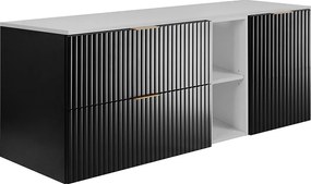 Zestaw łazienkowy: szafka z szufladami, szafka z drzwiami i regał 57×46×140 cm, kolor: biały / czarny, uchwyt złoty