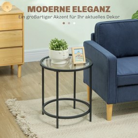 HOMCOM Okrągły stolik boczny ze szklanym blatem i ramą metalową, mały stolik do salonu, sypialni, Czarny