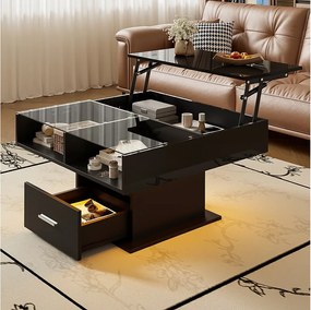 Stolik kawowy z oświetleniem LED - Stolik kawowy z regulacją wysokości i jedną szufladą - Otwarte miejsce do przechowywania - Czarny