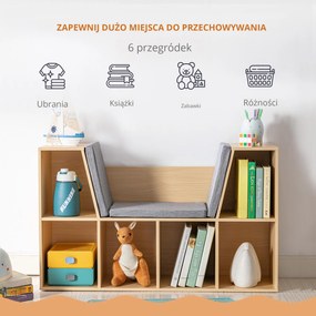 HOMCOM Regał dla Dzieci 2 w 1 + Ławka z Poduszkami 103 cm x 30 cm x 62 cm Biały + Szary