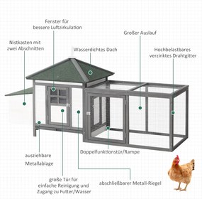 PawHut kurnik dla kur miniaturowych z wybiegiem domek lęgowy drewno sosnowe szary+biały