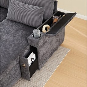 Sofa rozkładana 4-osobowa - 272 x 131 x 84 cm - z uchwytami na kubki + schowkiem + poduszkami - aksamitna - szara