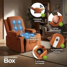Fotel Masujący BOX Rozkładany Wypoczynkowy z Podnóżkiem Rudy Sztruksowy Nowoczesny