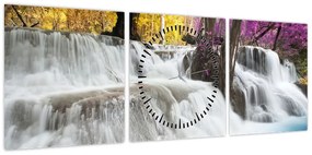 Obraz wodospadu Erawan w lesie (z zegarem) (90x30 cm)