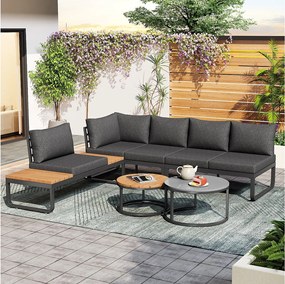 Zestaw mebli ogrodowych modułowych z ocynkowanego żelaza: 2 x 2-osobowe sofy + 1 x 1-osobowa sofa + 1 stołek + składane stoliki kawowe - Szary