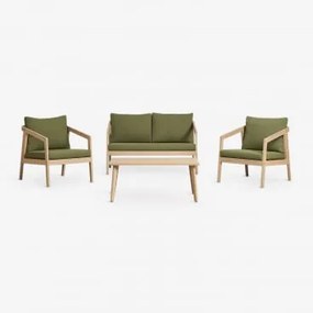 Zestaw Ogrodowy Z Sofą, 2 Fotelami I Stolikiem Kawowym Z Drewna Akacjowego Kaela Jasny Akacjowy Brąz & 2-osobowy & Bouclé Salvia Zieleń - Sklum