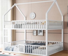 Łóżko piętrowe dziecięce 90x200 cm - ze schodkami - z drzwiczkami - Metal - biały (materac nie jest w zestawie)