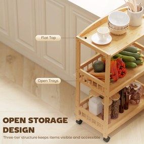 HOMCOM Wózek kuchenny na kółkach z 3 poziomami, wózek serwisowy z miejscem do przechowywania, regał kuchenny na kółkach, do kuchni, łazienki, biura, naturalne drewno | Aosom PL