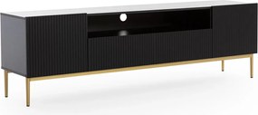Szafka RTV Nicole 200 cm z wnęką i szufladami - czarny mat / złote nóżki
