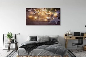 Obraz drukowany na płótnie Świąteczna Kompozycja: Bombki, Szyszki i Lampki