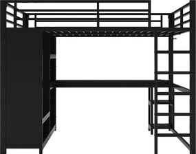 Łóżko na antresoli 160×200 cm - z LED - z biurkiem i otwartą szafą - Metalowe - Czarne (bez materaca)
