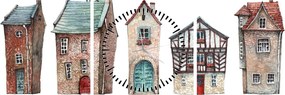 Obraz - Domy akwarelowe (z zegarem) (90x30 cm)