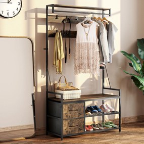 HOMCOM Stojak na ubrania 6 w 1 z ławką i regałem na buty, styl przemysłowy, 10 haków, 2 szuflady z tkaniny, metal, Brązowy