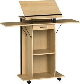 HOMCOM Mobilne podium, podium do wystąpień z składanymi bocznymi skrzydłami, stół na laptopa z szufladą i półkami, wykonane w dębie