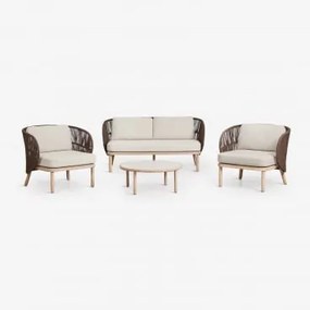 Zestaw Do Salonu Z Dwuosobową Sofą, 2 Fotelami Z Plecionej Liny Capri Oraz Stolikiem Kawowym Z Drewna Akacjowego Olivia Chocolate - Sklum