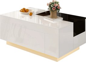 Stolik kawowy błyszczący - 80 x 50 x 35,5 cm - blat wysuwany + 1 szuflada + diody LED - MDF - biały