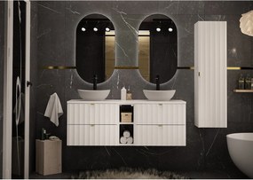 Biały Zestaw Łazienkowy 140cm Szafka z Blatem Regał Ryflowane Fronty Arcos