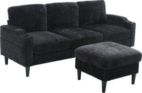 Czarna sofa narożna - Sofa z podnóżkiem i schowkiem - Chenille - uchwyt na kubek i kieszeń