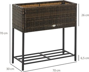 Outsunny Grządka Podwyższona Technorattan Skrzynka na Kwiaty z Półką Stabilne Nogi Brązowa 70x30x72cm | Aosom PL