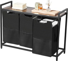 Kosz na Pranie SucceBuy Kosz na Pranie z 3 Przegródkami, Organizer na Pranie z Wyjmowanymi Workami z Tkaniny Oxford 600D, Metalową Ramą i Drewnianym Blatem