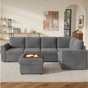 Zestaw narożny - 160 x 40 x 82 cm - z podłokietnikami + 1 mobilny stołek ze schowkiem - szenil - szary
