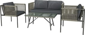 Outsunny 4-elementowy zestaw mebli ogrodowych: 1 sofa, 2 fotele, 1 stolik z blatem szklanym, poduszki, stelaż stalowy, rattan syntetyczny, Szary
