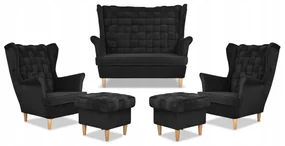 Zestaw wypoczynkowy Carol sofa fotele pufy paski Family Meble czarny