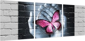 Obraz - Różowy motyl w ścianie (z zegarem) (90x30 cm)