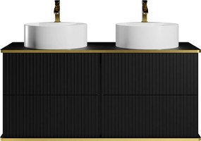 Szafka łazienkowa wisząca  prążkowana ze złotą obwódką i dwoma okrągłymi umywalkami nablatowymi - Czarny - 120 cm - KELIZA