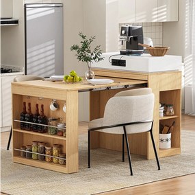 Rozkładana wyspa kuchenna na kółkach z blatem składanym - 83 x 46 x 96 cm - stół barowy z drzwiami i szufladą - MDF + szkło - naturalny