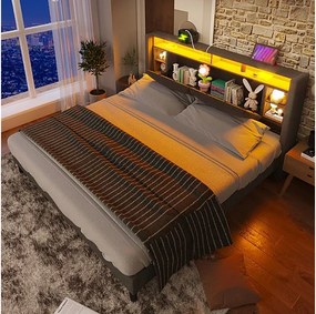 Łóżko tapicerowane 140x200 cm w Lnianym Szarym, wezgłowie z przechowywaniem, LED + ładowanie USB/Type-C/Gniazdko EU, Maksymalne obciążenie 200 kg