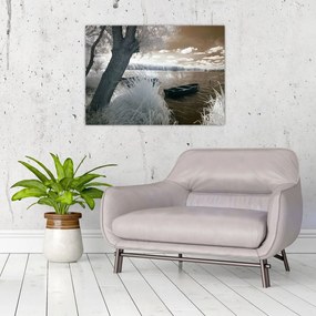 Obraz na szkle łodzi na jeziorze (70x50 cm)